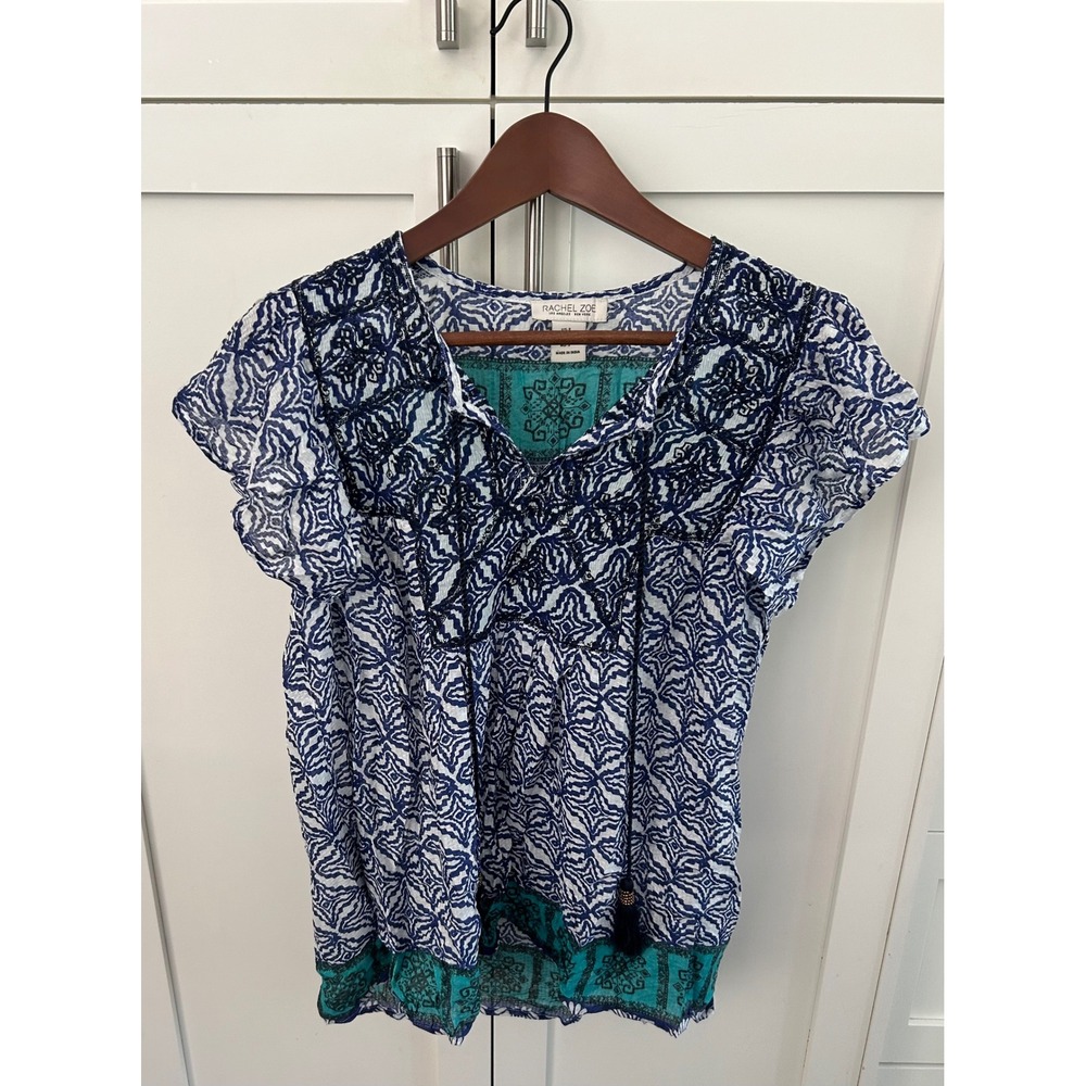 Rachel Zoe Bohemian Blouse Top Tunic‎ Blue White Print Short Sleeve S